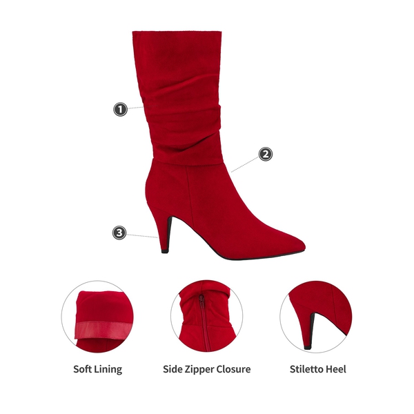 Mid Calf High Heel Boots - RED SUEDE - 3